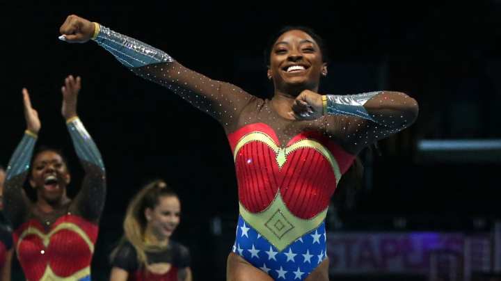 LOS ANGELES, CALIFORNIA - SEPTEMBER 25: Simone Biles performs during the Gold Over America Tour at Staples Center on September 25, 2021 in Los Angeles, California.