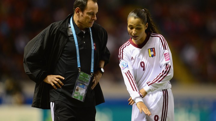 Kenneth Zseremeta talks with Deyna Castellanos during the FIFA U-17 Women's World Cup Group A match between Costa Rica and Venezuela at Estadio Nacional on March 15, 2014 in San Jose, Costa Rica.  (Photo by Jamie McDonald - FIFA/FIFA via Getty Images)