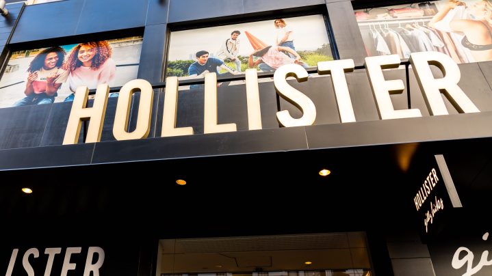 NEW YORK CITY, UNITED STATES - 2020/02/20: Hollister store logo seen in New York City. An American lifestyle brand owned by Abercrombie & Fitch Co.