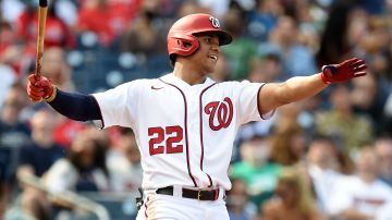 WASHINGTON, DC - OCTOBER 03: Juan Soto #22 of the Washington Nationals bats against the Boston Red Sox at Nationals Park on October 03, 2021 in Washington, DC.