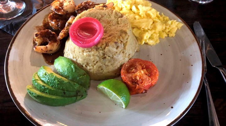 East Meadow, N.Y.: Mangu (mashed plantains) with shrimp, eggs and avocado at NuVo Kitchen, a Caribbean eatery in East Meadow, New York, on September 7, 2021.
