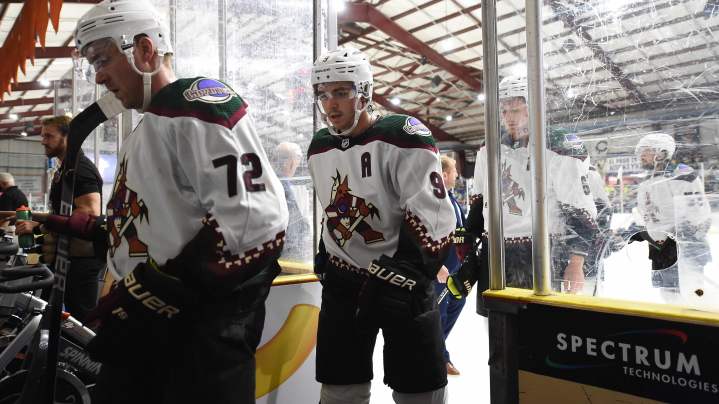 EL PASO, TX - OCTOBER 3: Clayton Keller #9 of the Arizona Coyotes walks to the locker room during the 2020 Kraft Hockeyville game against the Dallas Stars at the El Paso Community Events Center on October 3, 2021 in El Paso, Texas.