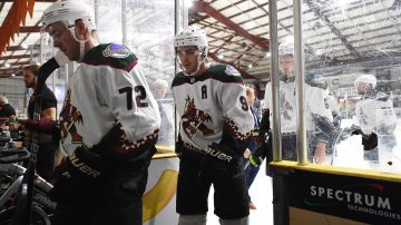 EL PASO, TX - OCTOBER 3: Clayton Keller #9 of the Arizona Coyotes walks to the locker room during the 2020 Kraft Hockeyville game against the Dallas Stars at the El Paso Community Events Center on October 3, 2021 in El Paso, Texas.