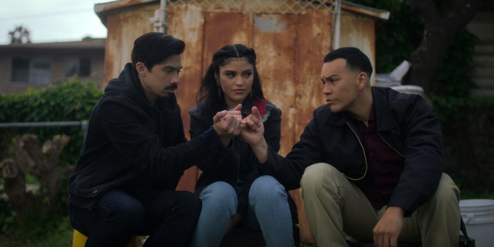 Gentefied Season 2 (L-R). Carlos Santos as Chris, Karrie Martin as Ana, JJ Soria as Erik, in Gentefied Season 2.