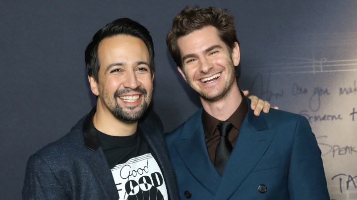 NEW YORK, NEW YORK - NOVEMBER 15: (L-R) Lin-Manuel Miranda and Andrew Garfield attend Netflix's "tick, tick...BOOM!" New York premiere at Schoenfeld Theater on November 15, 2021 in New York City.