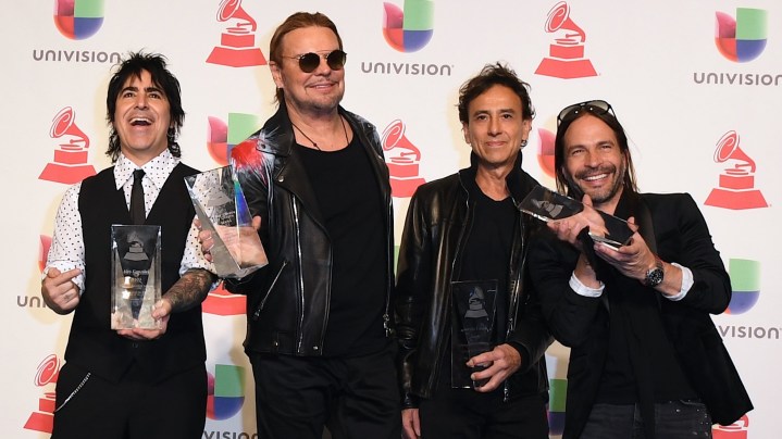 LAS VEGAS, NV - NOVEMBER 15: (L-R) Alex Gonzalez, Fher Olvera, Juan Calleros and Sergio Vallin of Mana, winner of Person of the Year pose in the press room during the 19th annual Latin GRAMMY Awards at MGM Grand Garden Arena on November 15, 2018 in Las Vegas, Nevada.