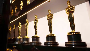 A display case of Oscars from the Academy Awards