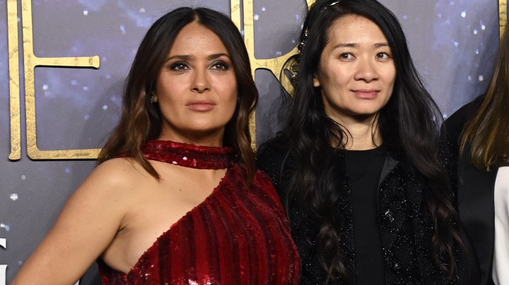 LONDON, ENGLAND - OCTOBER 27: (L-R) Salma Hayek, director Chloe Zhao, Angelina Jolie and Gemma Chan attend the "The Eternals" UK Premiere at BFI IMAX Waterloo on October 27, 2021 in London, England.