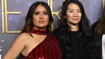 LONDON, ENGLAND - OCTOBER 27: (L-R) Salma Hayek, director Chloe Zhao, Angelina Jolie and Gemma Chan attend the "The Eternals" UK Premiere at BFI IMAX Waterloo on October 27, 2021 in London, England.