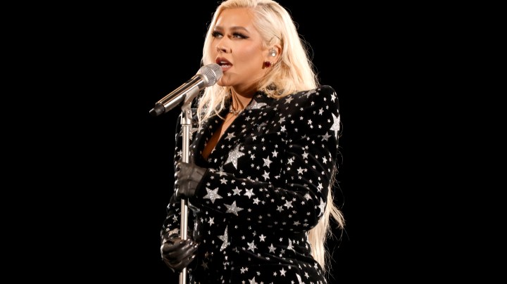 INGLEWOOD, CALIFORNIA - DECEMBER 01: Christina Aguilera performs onstage during the AHF World AIDS Day 2021 concert at The Forum on December 01, 2021 in Inglewood, California. AIDS Healthcare Foundation's (AHF) free, sold-out concert marks World AIDS Day and AHF's 35th anniversary at a star-studded event. AHF's "L.A. Revival" concert featured performances by Jennifer Hudson, Christina Aguilera and was hosted by comedian and internet sensation Randy Rainbow. AHF presented its Lifetime Achievement Award to Sen. Bernie Sanders (accepted by his wife, Jane) at the concert, which was produced with longtime AHF partner Debbie Allen and featured a performance by students from her Debbie Allen Dance Academy (DADA)