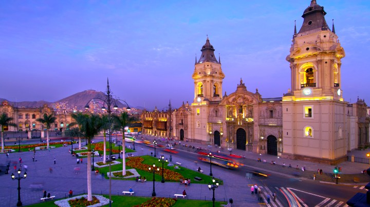 The Cathedral of Lima (Cathedral de Lima), is a Spanish colonial style church located on the Plaza Armas (also known as Plaza Mayor) in downtown Lima, Peru. Cerro (hill) San Cristobal can be seen in the background.