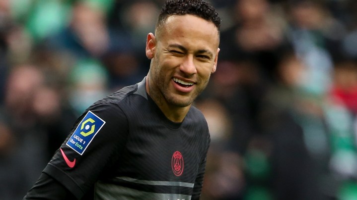 SAINT-ETIENNE, FRANCE - NOVEMBER 28: Neymar Jr of PSG celebrates his goal - a goal ultimately denied by the video assistance VAR - during the Ligue 1 Uber Eats match between AS Saint-Etienne (ASSE) and Paris Saint-Germain (PSG) at Stade Geoffroy-Guichard on November 28, 2021 in Saint-Etienne, France.