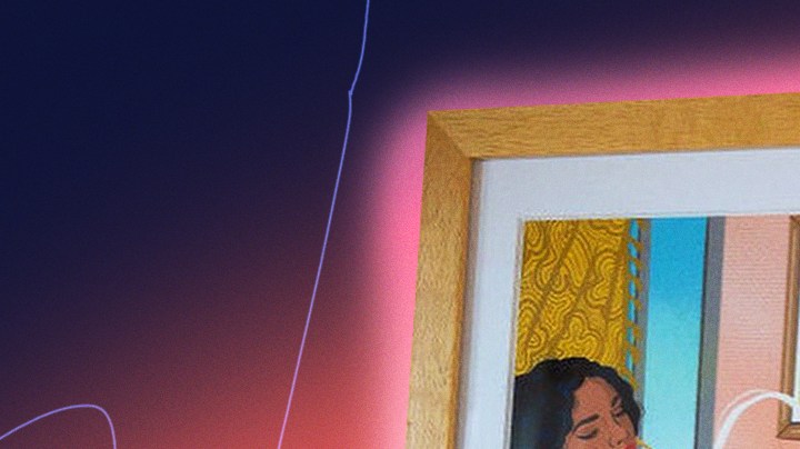 A compilation of artwork, candle, and home decor in front of multi-colored graphic.