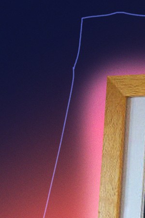 A compilation of artwork, candle, and home decor in front of multi-colored graphic.