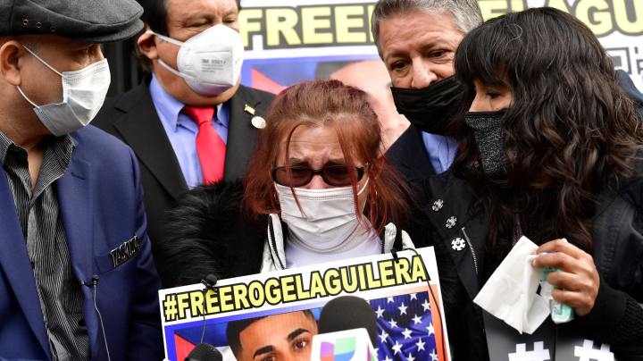 DENVER, CO - DECEMBER 22: An emotional Oslaida Mederos, center right, speaks to members of the media during an impromptu press conference for members of the press after a rally on the west steps of the state capitol on December 22, 2021 in Denver, Colorado. Also in the photo are from left to right Yoel Varela, with TAS USA, wearing hat, Domingo Garcia, National president of the League of United Latin American Citizens (LULAC), behind Mederos, Jeanette Vizguerra-Ramirez, to her right, and Leonard Martinez, Aguilera-Mederos' attorney, behind her. The rally was held for truck driver Rogel Aguilera-Mederos. Community groups and advocates from across the state joined the family and legal team of Rogel Aguilera-Mederos at the Colorado State Capitol Building to call on Governor Jared Polis to take immediate action to reduce Mederos"u2019s sentence. Mederos was sentenced to 110 years in the accidental death of four people in a tragic I-70 traffic accident when his brakes failed. The sentencing judge in the case has publicly stated that he would likely not have imposed the sentence but was forced to follow Colorado mandatory sentencing laws, which require mandatory minimums for specified crimes and require sentences to be served consecutively not concurrently. More than 4 million people have signed a petition asking for Mederos"u2019s sentence to be commuted or reduced. Mederos has no criminal record, cooperated fully with investigators, and was not under the influence of drugs or alcohol at the time of the accident. Organizers said that the rally was in no way an attempt to minimize the tragic loss of life three years ago, but rather to call attention to the critical need for sentencing reform. (Photo by Helen H. Richardson/MediaNews Group/The Denver Post via Getty Images