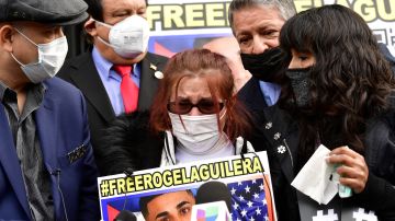 DENVER, CO - DECEMBER 22: An emotional Oslaida Mederos, center right, speaks to members of the media during an impromptu press conference for members of the press after a rally on the west steps of the state capitol on December 22, 2021 in Denver, Colorado. Also in the photo are from left to right Yoel Varela, with TAS USA, wearing hat, Domingo Garcia, National president of the League of United Latin American Citizens (LULAC), behind Mederos, Jeanette Vizguerra-Ramirez, to her right, and Leonard Martinez, Aguilera-Mederos' attorney, behind her. The rally was held for truck driver Rogel Aguilera-Mederos. Community groups and advocates from across the state joined the family and legal team of Rogel Aguilera-Mederos at the Colorado State Capitol Building to call on Governor Jared Polis to take immediate action to reduce Mederos"u2019s sentence. Mederos was sentenced to 110 years in the accidental death of four people in a tragic I-70 traffic accident when his brakes failed. The sentencing judge in the case has publicly stated that he would likely not have imposed the sentence but was forced to follow Colorado mandatory sentencing laws, which require mandatory minimums for specified crimes and require sentences to be served consecutively not concurrently. More than 4 million people have signed a petition asking for Mederos"u2019s sentence to be commuted or reduced. Mederos has no criminal record, cooperated fully with investigators, and was not under the influence of drugs or alcohol at the time of the accident. Organizers said that the rally was in no way an attempt to minimize the tragic loss of life three years ago, but rather to call attention to the critical need for sentencing reform. (Photo by Helen H. Richardson/MediaNews Group/The Denver Post via Getty Images