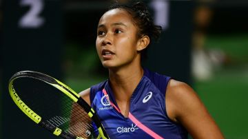 Leylah Fernandez of Canada watches the ball during a doubles tennis match played at the BNP Paribas Open on October 12, 2021 at the Indian Wells Tennis Garden in Indian Wells, CA.