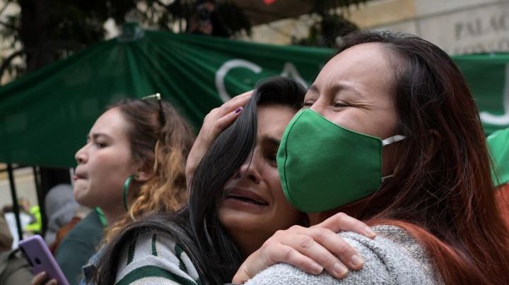 Abortion rights activists celebrate the decision of Colombia's high court to decriminalise abortion up to 24 weeks of pregnancy in Bogota, on February 21, 2022. (Photo by Raul ARBOLEDA / AFP) (Photo by RAUL ARBOLEDA/AFP via Getty Images)