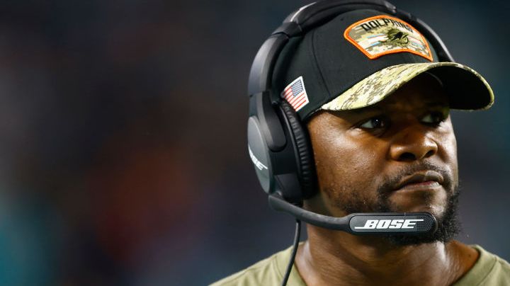 MIAMI GARDENS, FLORIDA - NOVEMBER 11: Head coach Brian Flores of the Miami Dolphins looks on against the Baltimore Ravensat Hard Rock Stadium on November 11, 2021 in Miami Gardens, Florida. (Photo by Michael Reaves/Getty Images)