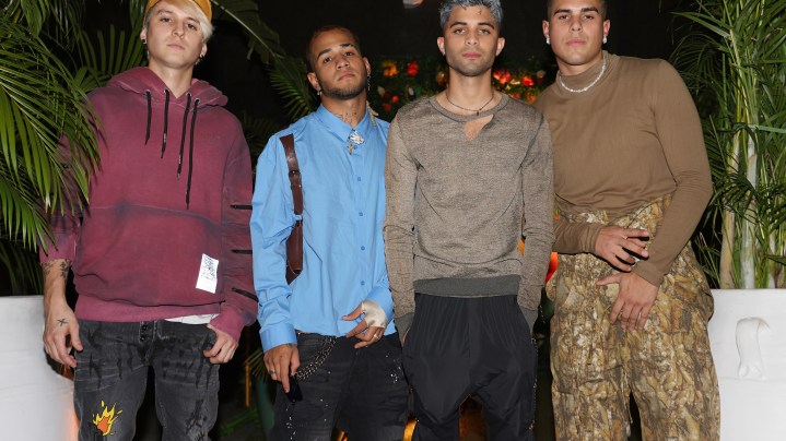 MIAMI, FL - JULY 21:  Christopher Velez, Richard Camacho, Erick Brian Colon and Zabdiel De Jesus of the musical group CNCO are seen on July 21, 2021 in Miami, Florida.  (Photo by Alexander Tamargo/GC Images)