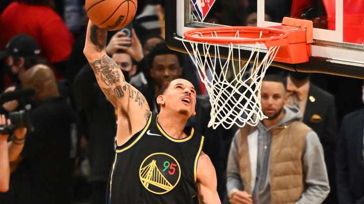 CLEVELAND, OHIO - FEBRUARY 19: Juan Toscano-Anderson #95 of the Golden State Warriors dunks the ball during the AT&T Slam Dunk Contest as part of the 2022 NBA All Star Weekend at Rocket Mortgage Fieldhouse on February 19, 2022 in Cleveland, Ohio. NOTE TO USER: User expressly acknowledges and agrees that, by downloading and or using this photograph, User is consenting to the terms and conditions of the Getty Images License Agreement. (Photo by Jason Miller/Getty Images)