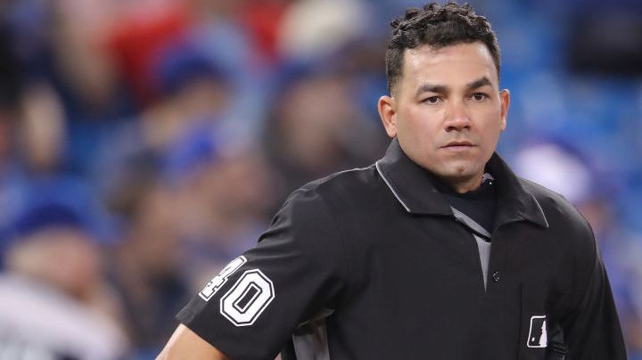 TORONTO, ON - MAY 22: Home plate umpire Roberto Ortiz #40 looks on during the Toronto Blue Jays MLB game against the Boston Red Sox at Rogers Centre on May 22, 2019 in Toronto, Canada. (Photo by Tom Szczerbowski/Getty Images)