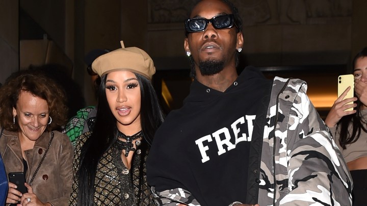 PARIS, FRANCE - SEPTEMBER 30: Cardi B and Offset are seen leaving Giraffe restaurant on September 30, 2021 in Paris, France. (Photo by Neil Warner/MEGA/GC Images)
