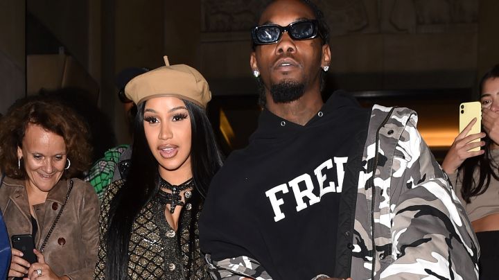 PARIS, FRANCE - SEPTEMBER 30: Cardi B and Offset are seen leaving Giraffe restaurant on September 30, 2021 in Paris, France. (Photo by Neil Warner/MEGA/GC Images)