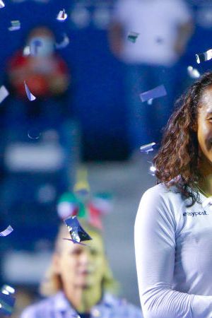 MONTERREY, MEXICO - MARCH 06: Leylah Fernandez of Canada celebrates with the champions trophy after winning the singles final match as part of the GNP Seguros WTA Monterrey Open 2022 Final on March 6, 2022 in Monterrey, Mexico. (Photo by Gonzalo Gonzalez/Jam Media/Getty Images)