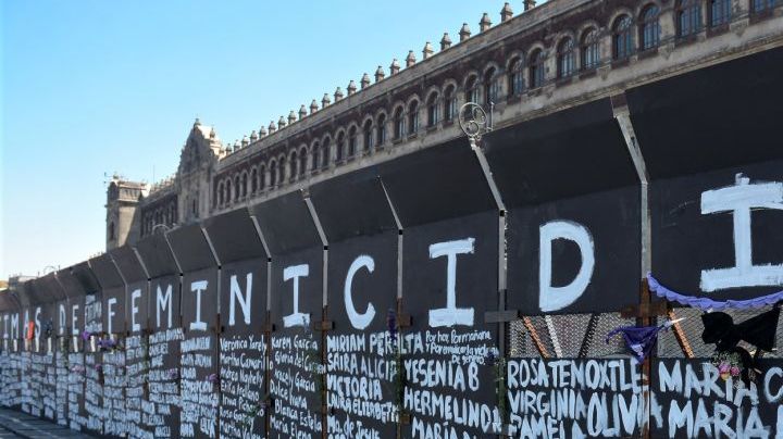 MEXICO CITY, MEXICO - MARCH 07: Metal retaining walls were painted by women before the feminist march on Monday on March 7, 2021 in Mexico City, Mexico. (Photo by Medios y Media/Getty Images)