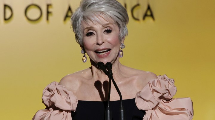 LOS ANGELES, CALIFORNIA - MARCH 19: Rita Moreno accepts the Stanley Kramer Award onstage during the 33rd Annual Producers Guild Awards at Fairmont Century Plaza on March 19, 2022 in Los Angeles, California. (Photo by Kevin Winter/Getty Images)