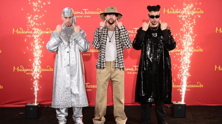 NEW YORK, NEW YORK - APRIL 19: Bad Bunny (C) reveals wax figures for Madame Tussauds New York and Madame Tussauds Orlando at Madame Tussauds on April 19, 2022 in New York City. (Photo by Jamie McCarthy/Getty Images for Madame Tussauds New York)