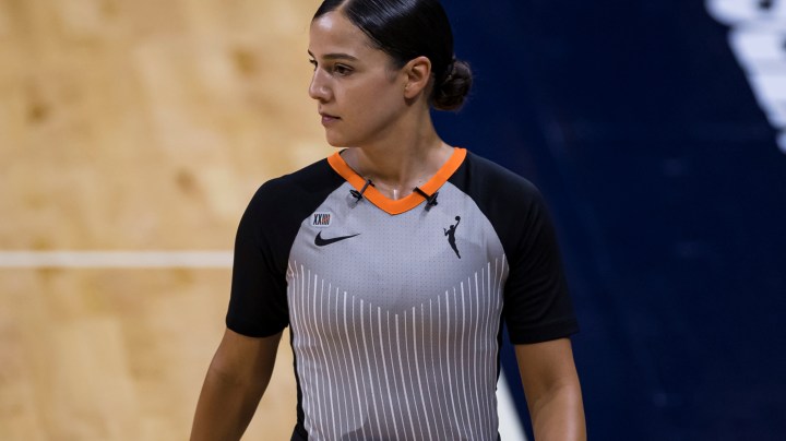 WASHINGTON, DC - JUNE 29: Referee Blanca Burns watches play during the second half of the game between the Washington Mystics and the Connecticut Sun at Entertainment & Sports Arena on June 29, 2021 in Washington, DC. NOTE TO USER: User expressly acknowledges and agrees that, by downloading and or using this photograph, User is consenting to the terms and conditions of the Getty Images License Agreement. (Photo by Scott Taetsch/Getty Images)