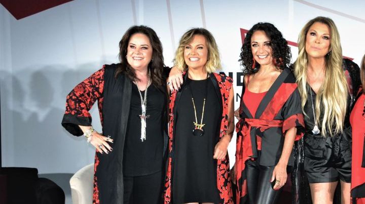 MEXICO CITY, MEXICO - JUNE 23: (L-R) Isabel Lascurain, Ilse Olivo, Fernanda Meade, Irma "Mimi" Hernández and Mayté Lascurain of the groups Flans and Pandora pose for a photo during the press conference to announce their tour on June 23, 2021 in Mexico City, Mexico. (Photo by Medios y Media/Getty Images)