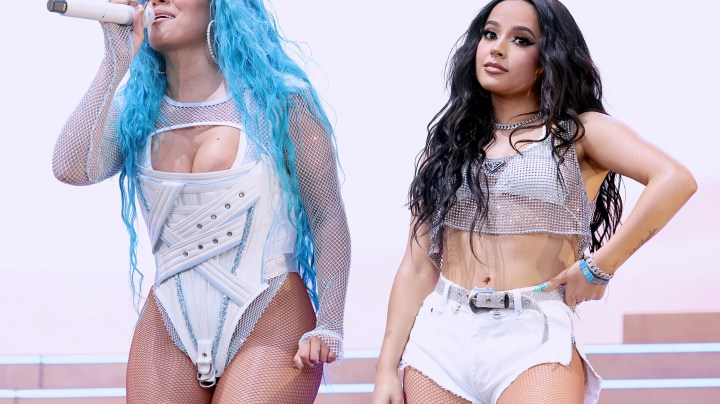 INDIO, CALIFORNIA - APRIL 24: (L-R) Karol G and Becky G perform on the Coachella stage during the 2022 Coachella Valley Music And Arts Festival on April 24, 2022 in Indio, California. (Photo by Amy Sussman/Getty Images for Coachella)