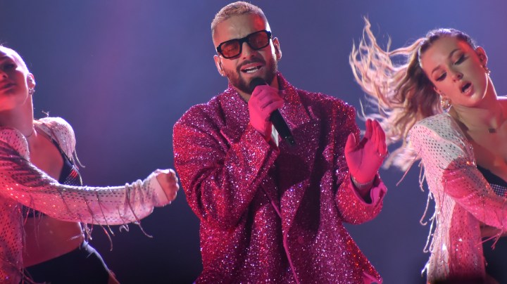 LONDON, ENGLAND - MARCH 16: Maluma performs on stage at the O2 Arena on March 16, 2022 in London, England. (Photo by C Brandon/Redferns)