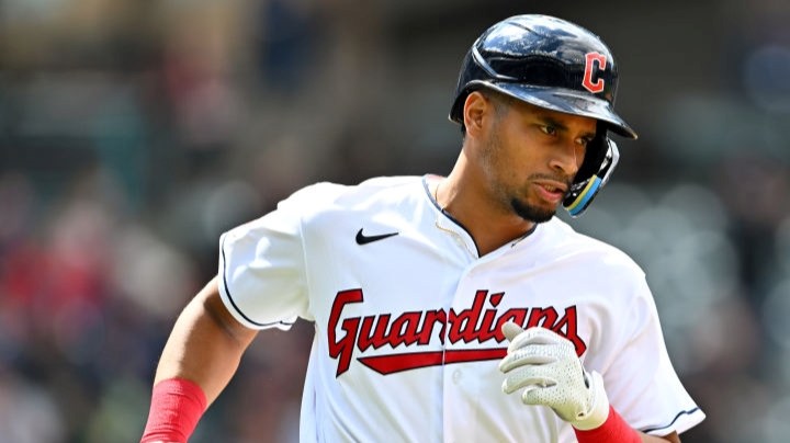 CLEVELAND, OHIO - APRIL 21: Oscar Mercado #35 of the Cleveland Guardians runs to first during the sixth inning against the Chicago White Sox at Progressive Field on April 21, 2022 in Cleveland, Ohio. (Photo by Jason Miller/Getty Images)