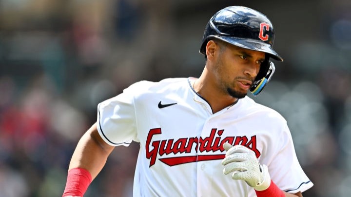 CLEVELAND, OHIO - APRIL 21: Oscar Mercado #35 of the Cleveland Guardians runs to first during the sixth inning against the Chicago White Sox at Progressive Field on April 21, 2022 in Cleveland, Ohio. (Photo by Jason Miller/Getty Images)