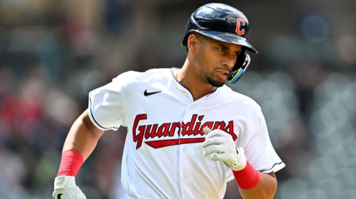 CLEVELAND, OHIO - APRIL 21: Oscar Mercado #35 of the Cleveland Guardians runs to first during the sixth inning against the Chicago White Sox at Progressive Field on April 21, 2022 in Cleveland, Ohio. (Photo by Jason Miller/Getty Images)