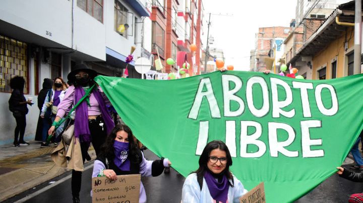 Women celebrate the decriminalization of abortions in Colombia as women participate in the International Womens day demonstrations in Pasto - Narino, Colombia on March 8, 2022. (Photo by: Elizabeth Palchucan/Long Visual Press/Universal Images Group via Getty Images)