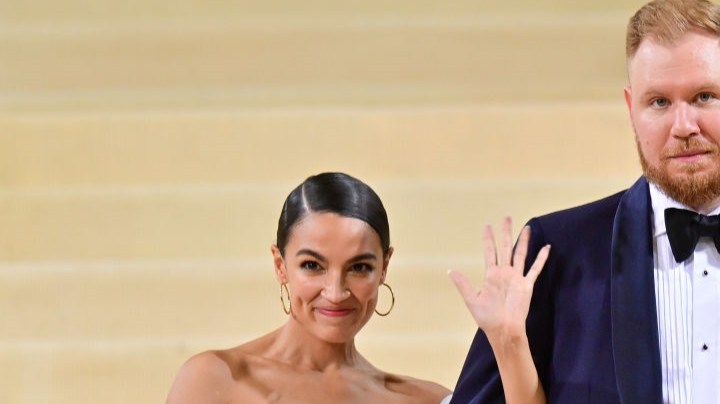 NEW YORK, NEW YORK - SEPTEMBER 13: Alexandria Ocasio-Cortez and Riley Roberts leave the 2021 Met Gala Celebrating In America: A Lexicon Of Fashion at Metropolitan Museum of Art on September 13, 2021 in New York City. (Photo by James Devaney/GC Images)