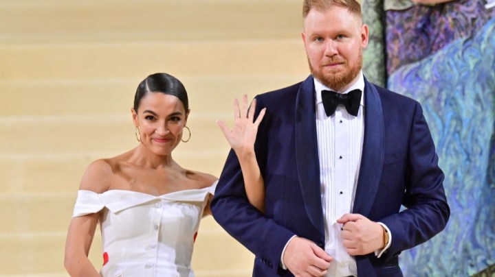 NEW YORK, NEW YORK - SEPTEMBER 13: Alexandria Ocasio-Cortez and Riley Roberts leave the 2021 Met Gala Celebrating In America: A Lexicon Of Fashion at Metropolitan Museum of Art on September 13, 2021 in New York City. (Photo by James Devaney/GC Images)