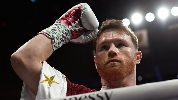 Mexican boxer Canelo Alvarez arrives for his light-heavyweight world title boxing match against Russian boxer Dmitry Bivol at T-Mobile Arena in Las Vegas, Nevada, May 7, 2022. (Photo by Patrick T. FALLON / AFP) (Photo by PATRICK T. FALLON/AFP via Getty Images)