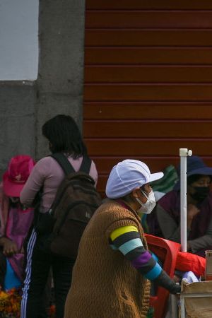 Street stands outside San Pedro market in Cusco, Peru.