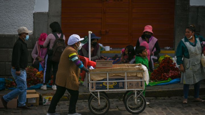 Street stands outside San Pedro market in Cusco, Peru.