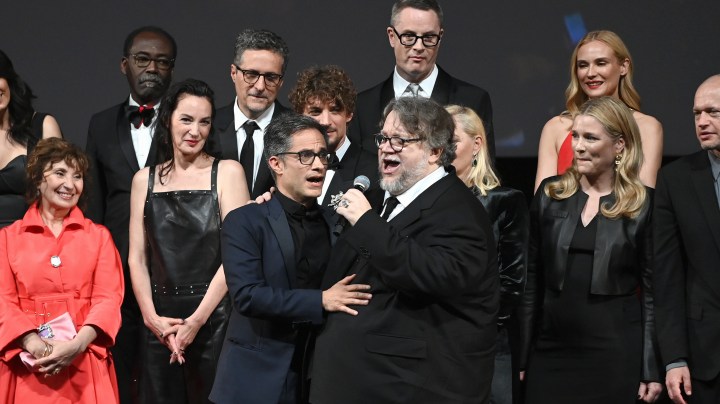 CANNES, FRANCE - MAY 24: Gael García Bernal and Guillermo del Toro speak onstage during the 75th Cannes Film Festival Anniversary Ceremony during the 75th annual Cannes film festival at Palais des Festivals on May 24, 2022 in Cannes, France. (Photo by Pascal Le Segretain/Getty Images)