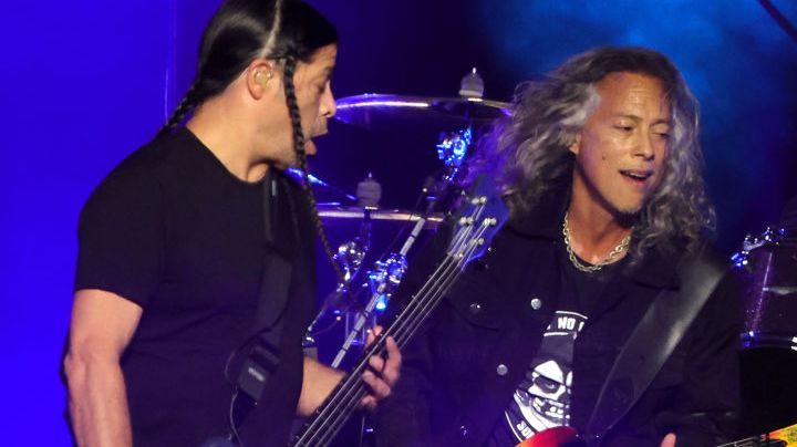 LAS VEGAS, NEVADA - FEBRUARY 25: (L-R) Bassist Robert Trujillo, guitarist Kirk Hammett and drummer Lars Ulrich of Metallica perform at Allegiant Stadium on February 25, 2022 in Las Vegas, Nevada. (Photo by Ethan Miller/Getty Images)