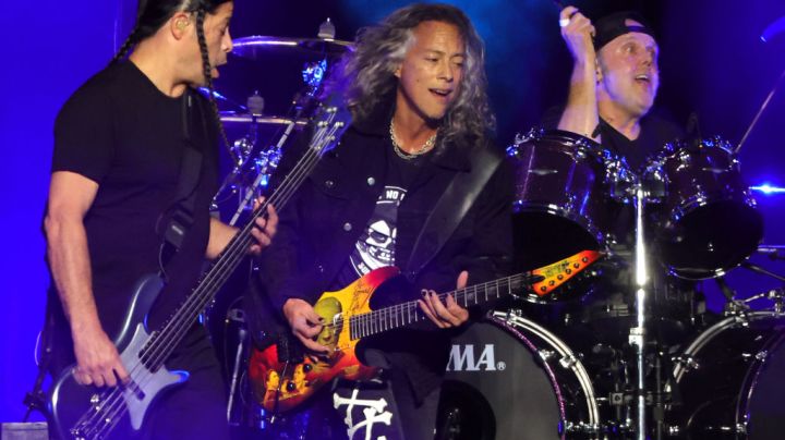 LAS VEGAS, NEVADA - FEBRUARY 25: (L-R) Bassist Robert Trujillo, guitarist Kirk Hammett and drummer Lars Ulrich of Metallica perform at Allegiant Stadium on February 25, 2022 in Las Vegas, Nevada. (Photo by Ethan Miller/Getty Images)