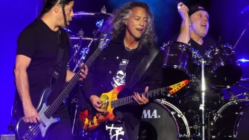 LAS VEGAS, NEVADA - FEBRUARY 25: (L-R) Bassist Robert Trujillo, guitarist Kirk Hammett and drummer Lars Ulrich of Metallica perform at Allegiant Stadium on February 25, 2022 in Las Vegas, Nevada. (Photo by Ethan Miller/Getty Images)