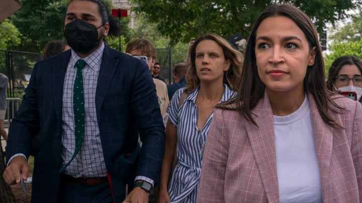 WASHINGTON, DC - JUNE 24: Rep. Alexandria Ocasio-Cortez (D-NY) leaves after speaking to abortion-rights activists in front of the U.S. Supreme Court after the Court announced a ruling in the Dobbs v Jackson Women's Health Organization case on June 24, 2022 in Washington, DC. The Court's decision in the Dobbs v Jackson Women's Health case overturns the landmark 50-year-old Roe v Wade case, removing a federal right to an abortion. (Photo by Nathan Howard/Getty Images)
